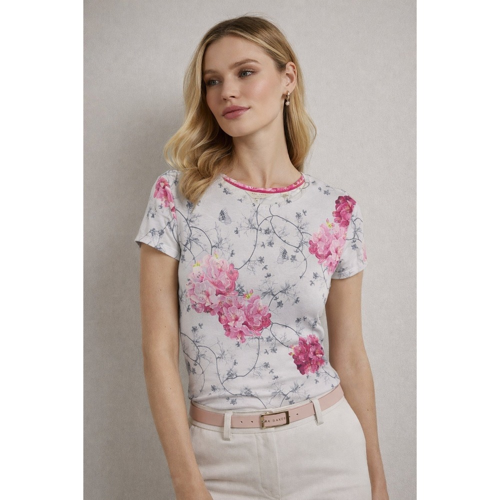 Ted‎ Baker London Womens Floral Graphic T-Shirt Pink Grey Crew Neck Size Large